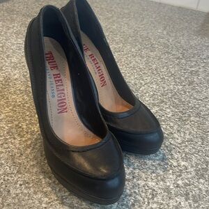 True Religion black leather platform heels